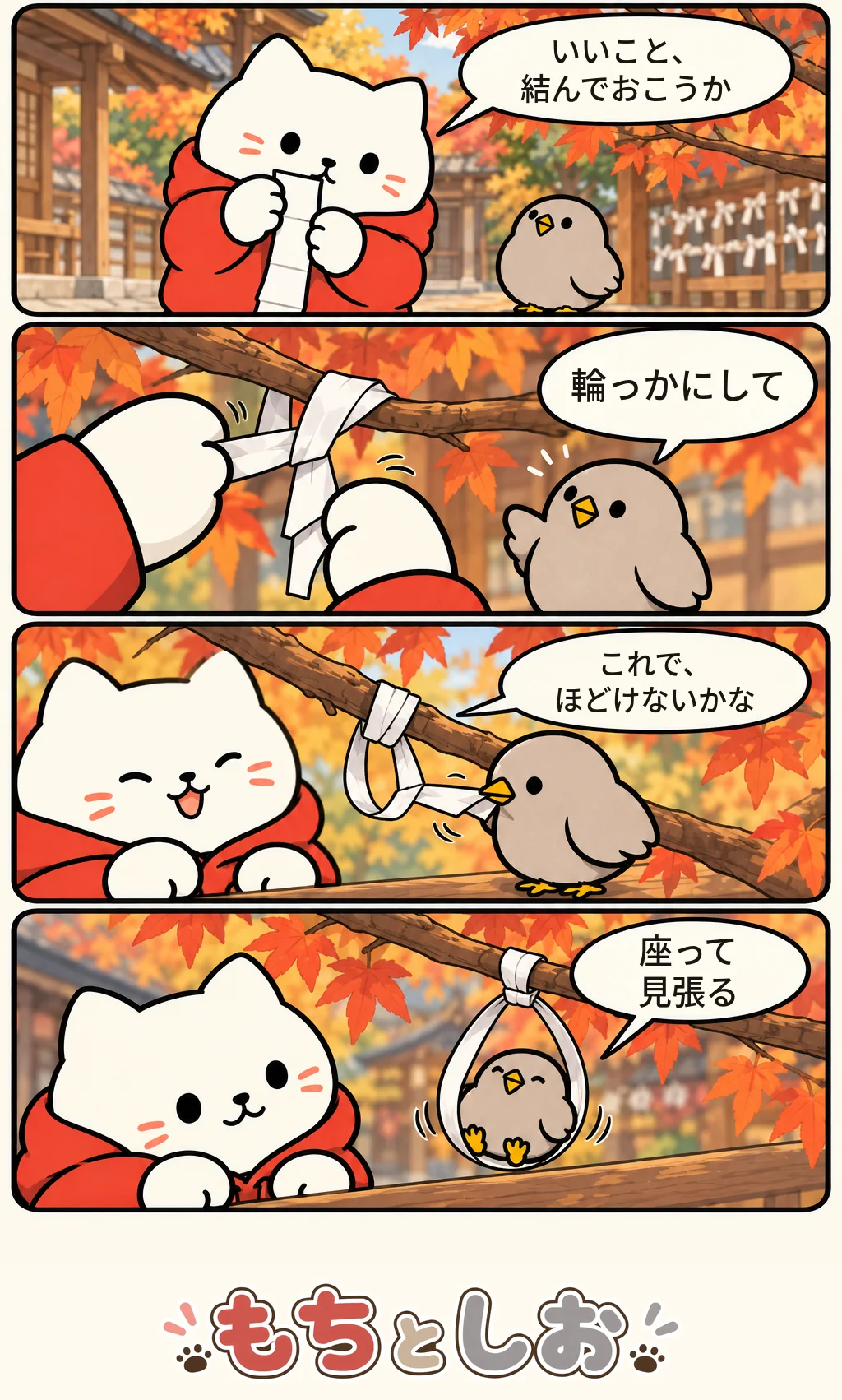 第67話「おみくじの結び目」。モチ「いいこと、結んでおこうか」 シオ「輪っかにして」 モチ「これで、ほどけないかな」 シオ「座って見張る」