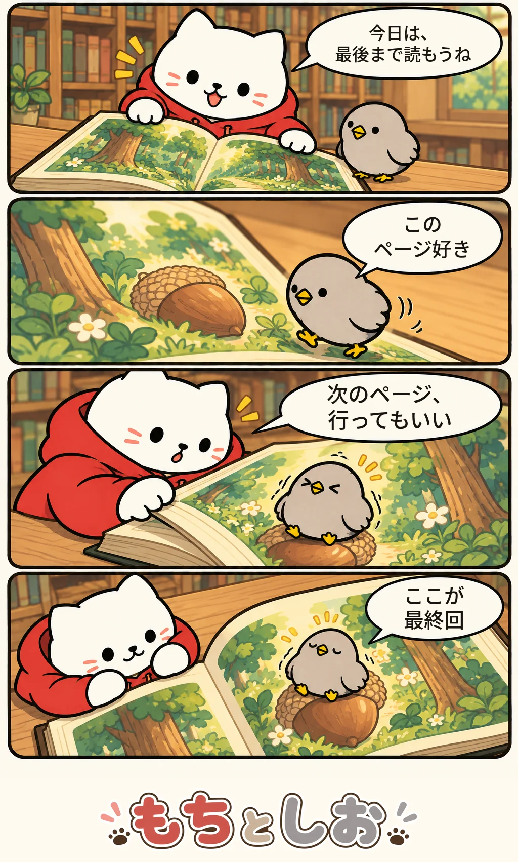 第68話「一枚ぶんの読書」。モチ「今日は、最後まで読もうね」 シオ「このページ好き」 モチ「次のページ、行ってもいい」 シオ「ここが最終回」