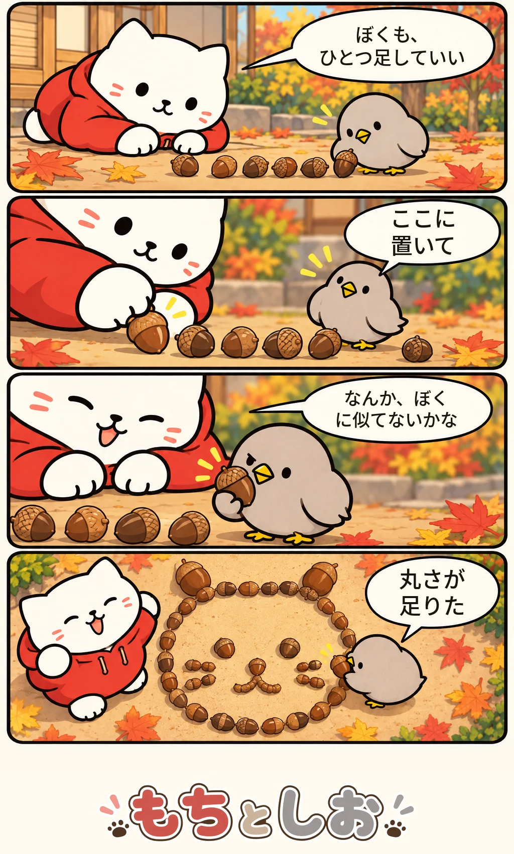 第69話「ならべた秋」。モチ「ぼくも、ひとつ足していい」 シオ「ここに置いて」 モチ「なんか、ぼくに似てないかな」 シオ「丸さが足りた」