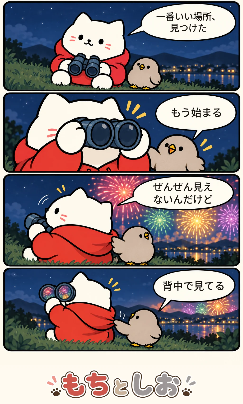 第7話「花火の向き」。モチ「一番いい場所、見つけた」 シオ「もう始まる」 モチ「ぜんぜん見えないんだけど」 シオ「背中で見てる」