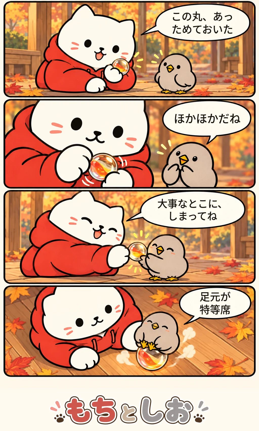 第73話「つめたくない宝物」。モチ「この丸、あっためておいた」 シオ「ほかほかだね」 モチ「大事なとこに、しまってね」 シオ「足元が特等席」