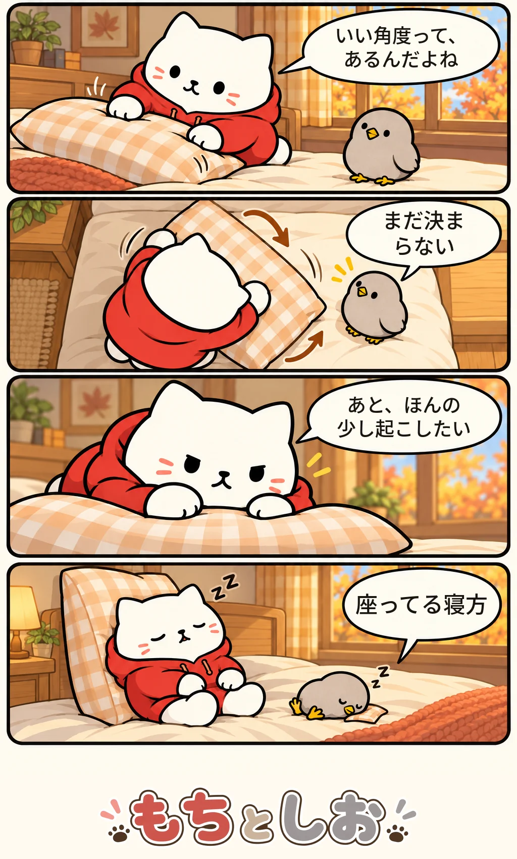 第74話「まくらの角度」。モチ「いい角度って、あるんだよね」 シオ「まだ決まらない」 モチ「あと、ほんの少し起こしたい」 シオ「座ってる寝方」