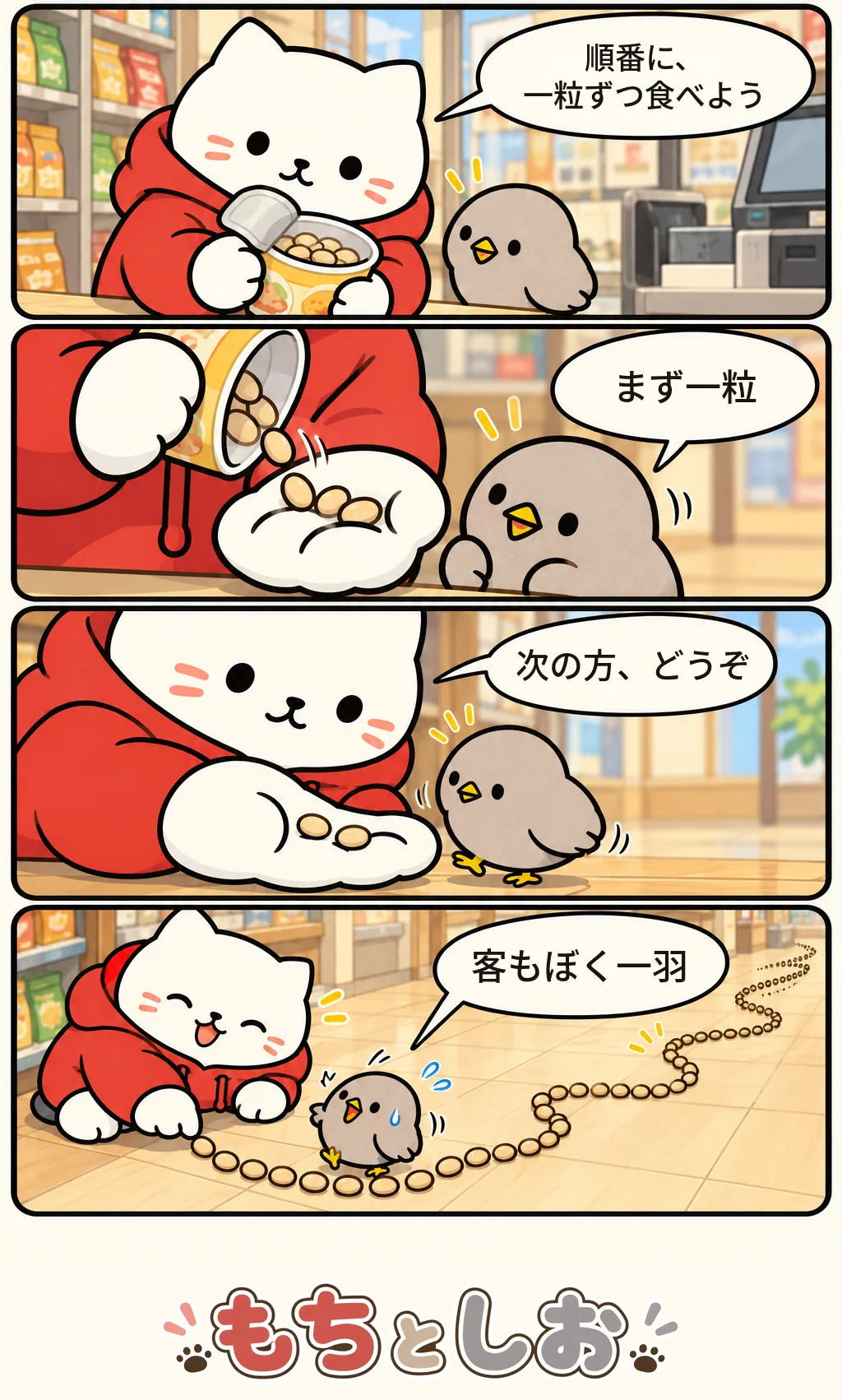 第75話「ひとつぶの行列」。モチ「順番に、一粒ずつ食べよう」 シオ「まず一粒」 モチ「次の方、どうぞ」 シオ「客もぼく一羽」
