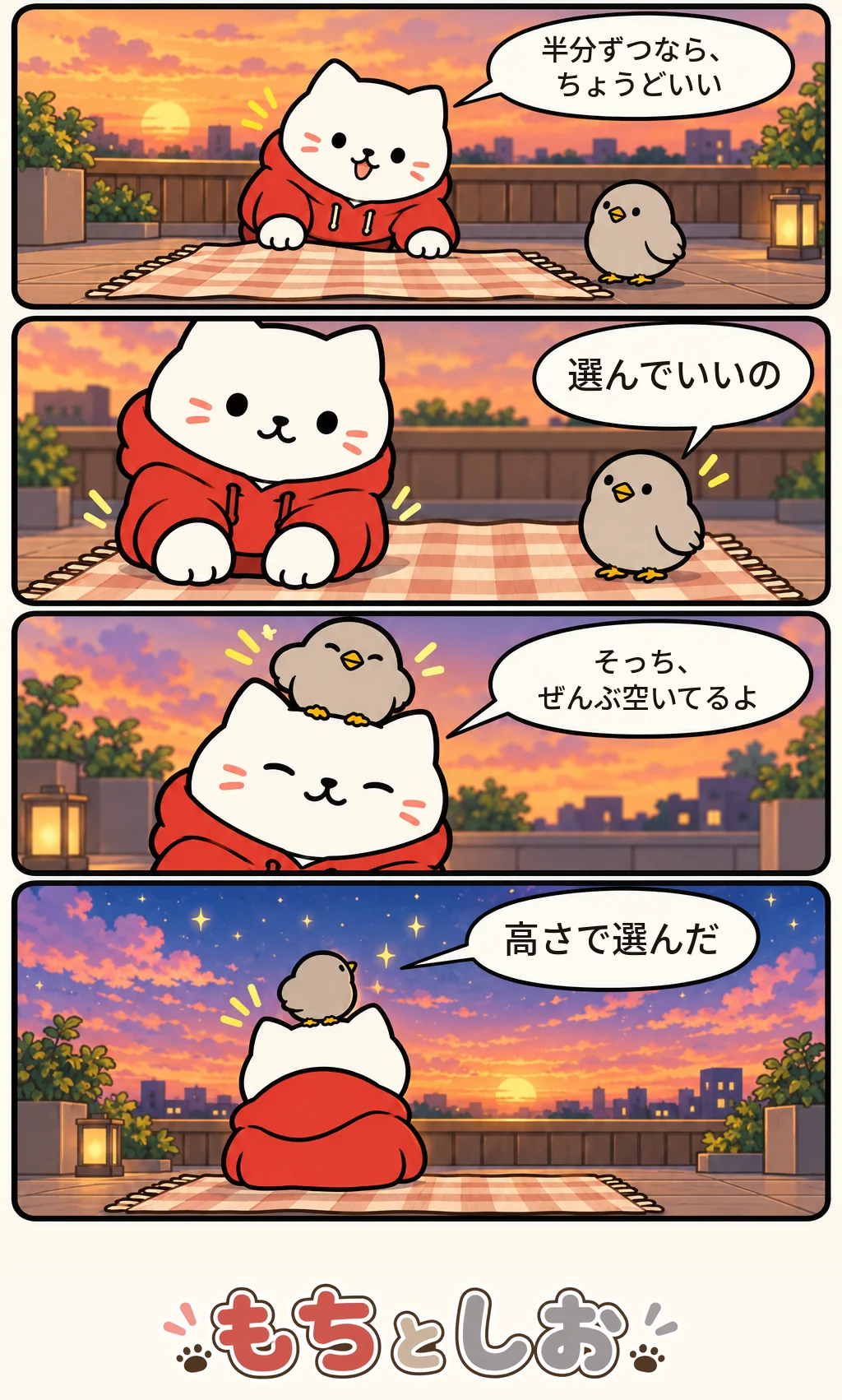 第76話「ひろい空の席」。モチ「半分ずつなら、ちょうどいい」 シオ「選んでいいの」 モチ「そっち、ぜんぶ空いてるよ」 シオ「高さで選んだ」