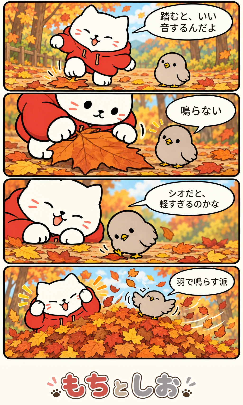 第77話「音のするおみやげ」。モチ「踏むと、いい音するんだよ」 シオ「鳴らない」 モチ「シオだと、軽すぎるのかな」 シオ「羽で鳴らす派」