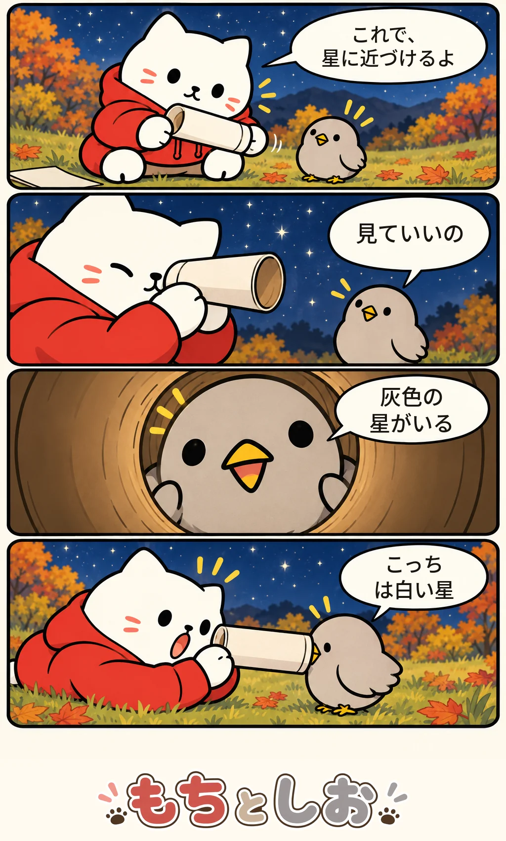 第78話「ふたりの望遠鏡」。モチ「これで、星に近づけるよ」 シオ「見ていいの」 モチ「灰色の星がいる」 シオ「こっちは白い星」