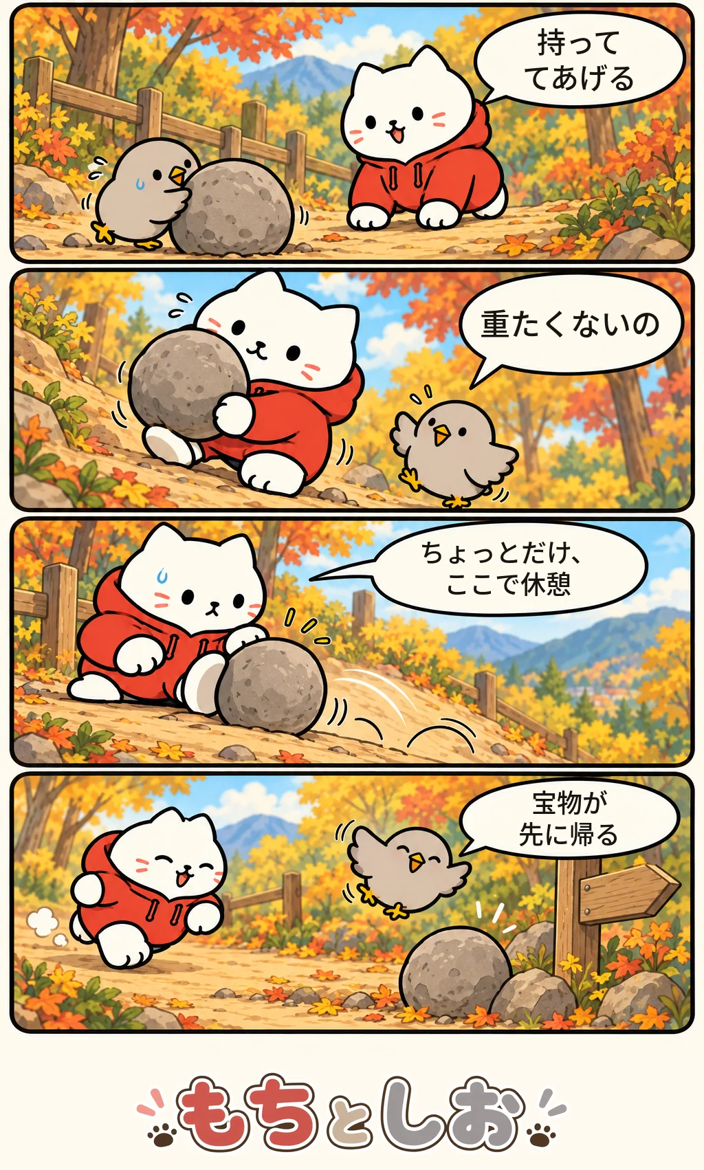 第79話「ころころ帰宅」。モチ「持っててあげる」 シオ「重たくないの」 モチ「ちょっとだけ、ここで休憩」 シオ「宝物が先に帰る」