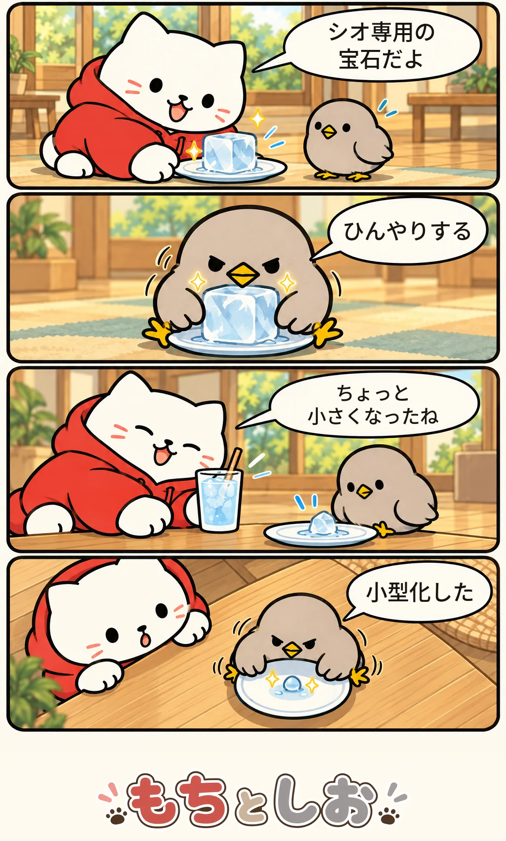 第8話「氷の王さま」。モチ「シオ専用の宝石だよ」 シオ「ひんやりする」 モチ「ちょっと小さくなったね」 シオ「小型化した」