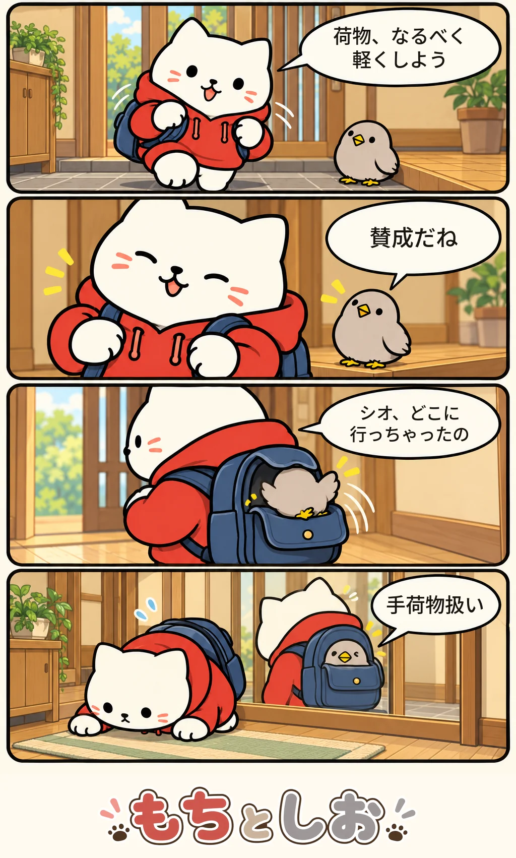 第81話「背中の荷物」。モチ「荷物、なるべく軽くしよう」 シオ「賛成だね」 モチ「シオ、どこに行っちゃったの」 シオ「手荷物扱い」