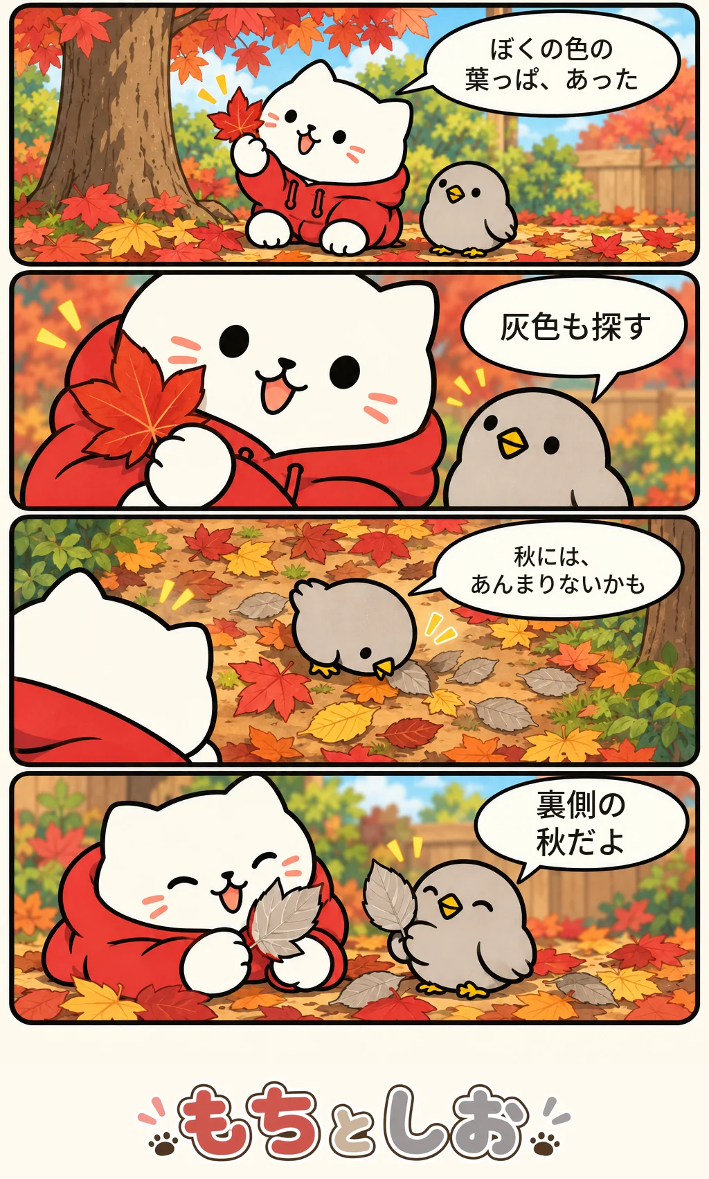 第82話「秋色のひみつ」。モチ「ぼくの色の葉っぱ、あった」 シオ「灰色も探す」 モチ「秋には、あんまりないかも」 シオ「裏側の秋だよ」