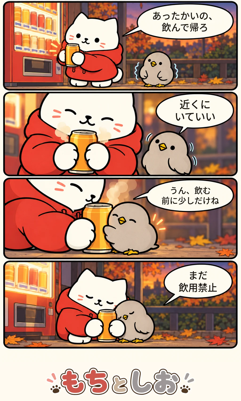 第83話「あたたかい寄り道」。モチ「あったかいの、飲んで帰ろ」 シオ「近くにいていい」 モチ「うん、飲む前に少しだけね」 シオ「まだ飲用禁止」