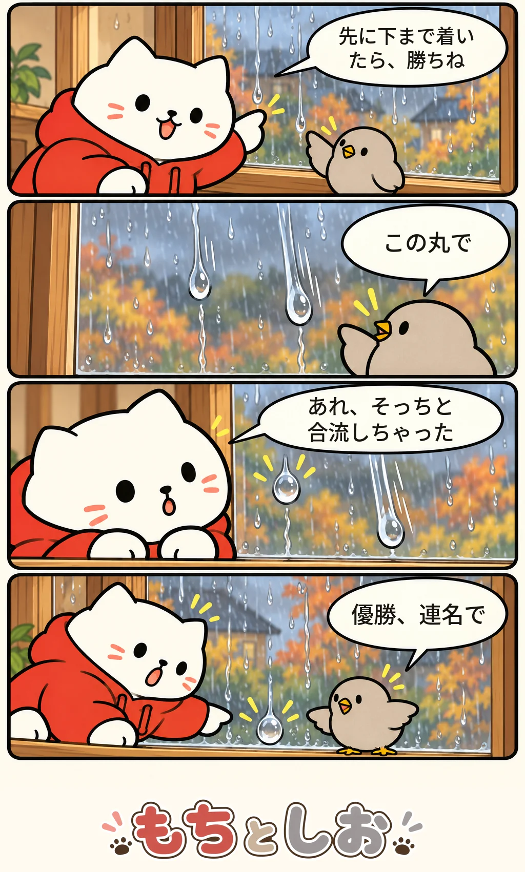 第84話「雨粒の競走」。モチ「先に下まで着いたら、勝ちね」 シオ「この丸で」 モチ「あれ、そっちと合流しちゃった」 シオ「優勝、連名で」
