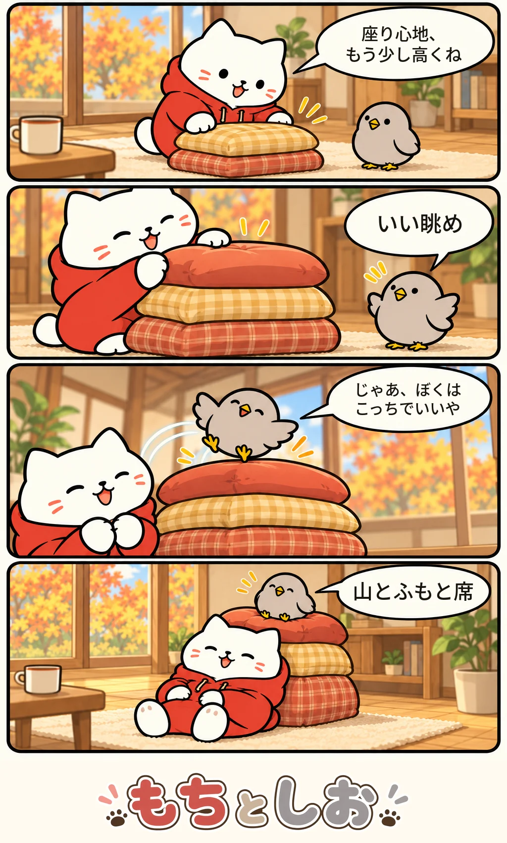 第85話「座布団の山頂」。モチ「座り心地、もう少し高くね」 シオ「いい眺め」 モチ「じゃあ、ぼくはこっちでいいや」 シオ「山とふもと席」