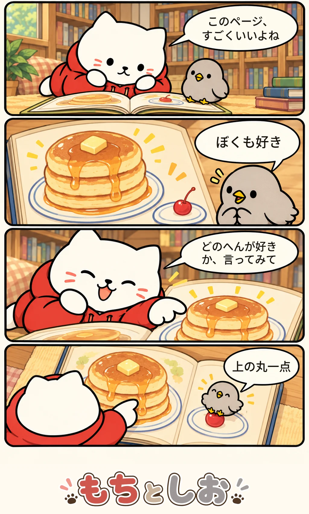 第86話「おいしいページ」。モチ「このページ、すごくいいよね」 シオ「ぼくも好き」 モチ「どのへんが好きか、言ってみて」 シオ「上の丸一点」