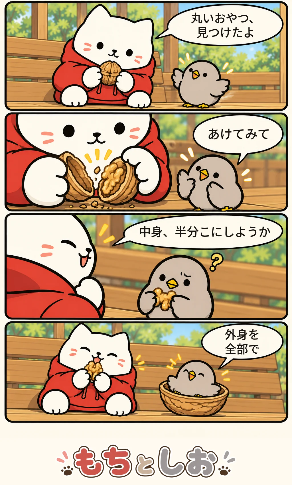 第87話「くるみの中身」。モチ「丸いおやつ、見つけたよ」 シオ「あけてみて」 モチ「中身、半分こにしようか」 シオ「外身を全部で」