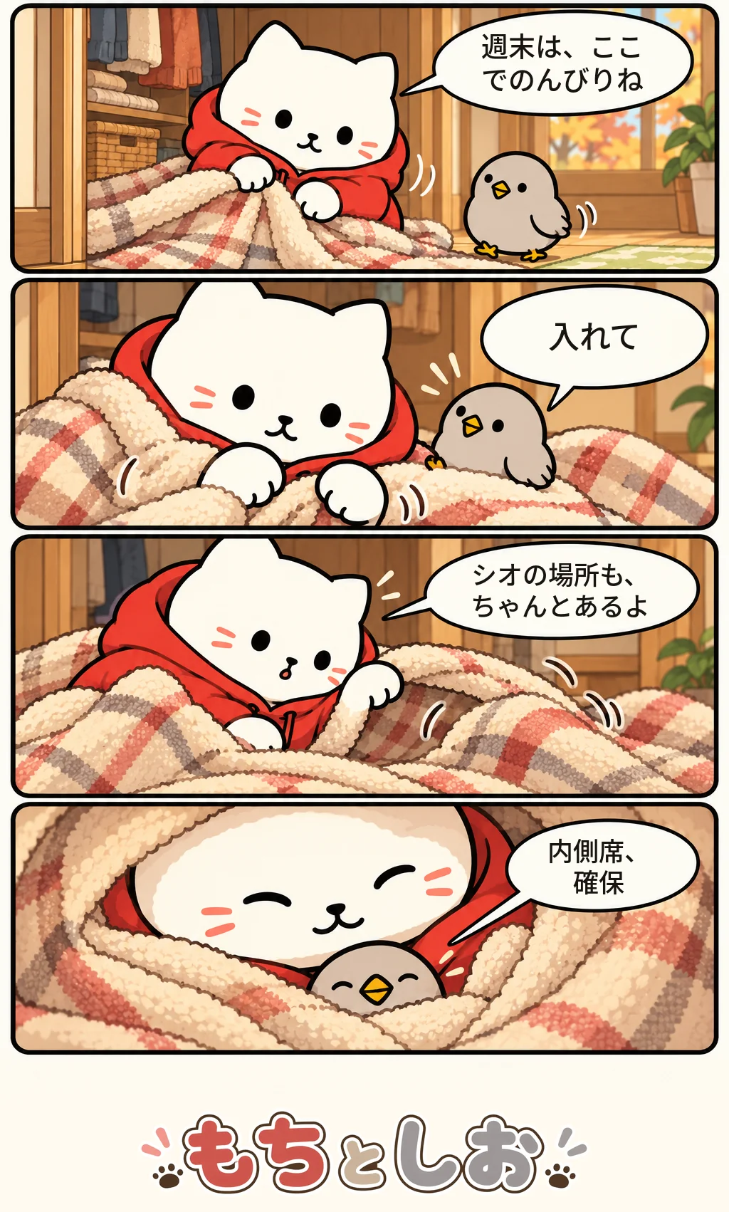 第88話「週末のかくれ場所」。モチ「週末は、ここでのんびりね」 シオ「入れて」 モチ「シオの場所も、ちゃんとあるよ」 シオ「内側席、確保」