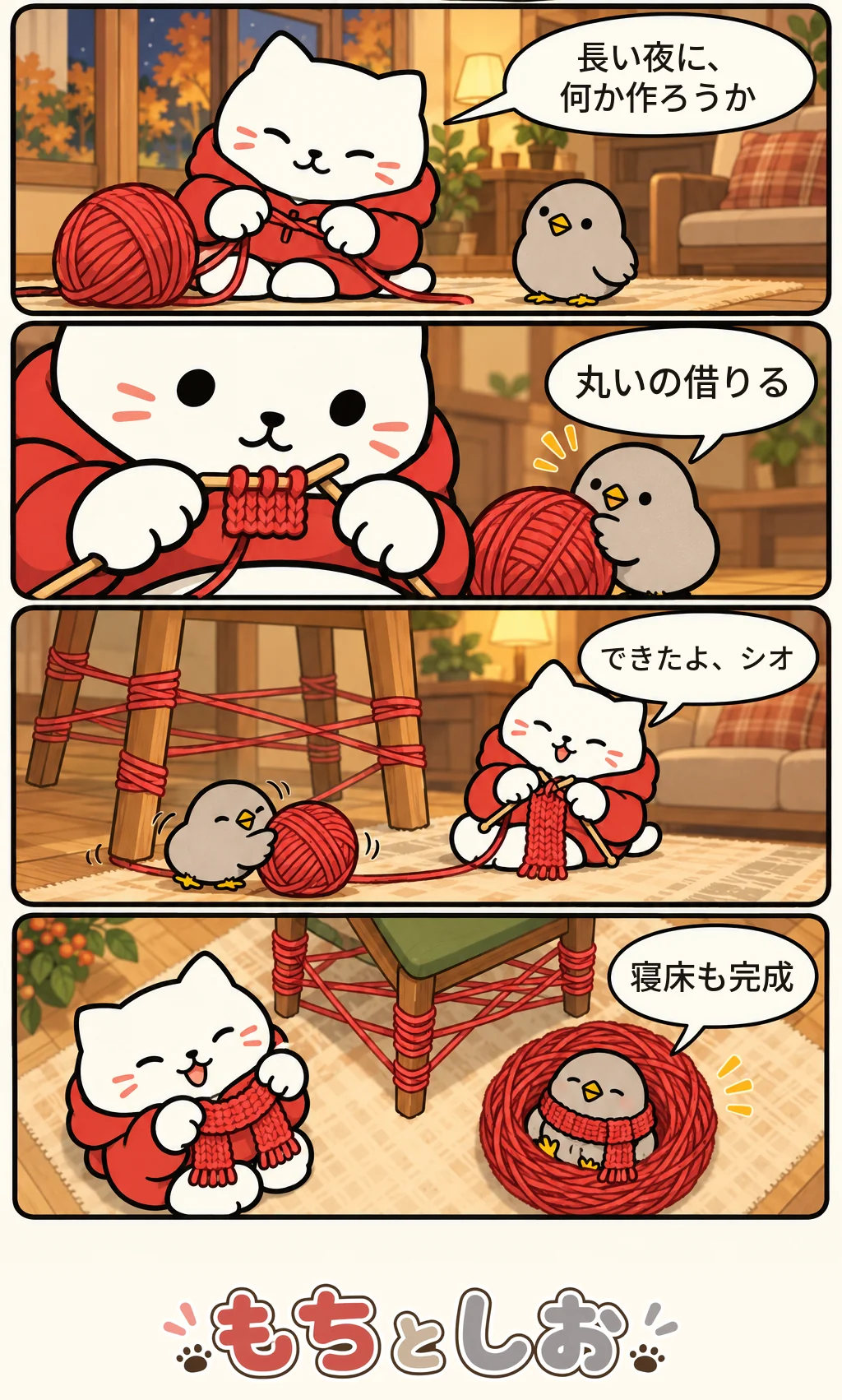 第89話「ながい夜の準備」。モチ「長い夜に、何か作ろうか」 シオ「丸いの借りる」 モチ「できたよ、シオ」 シオ「寝床も完成」