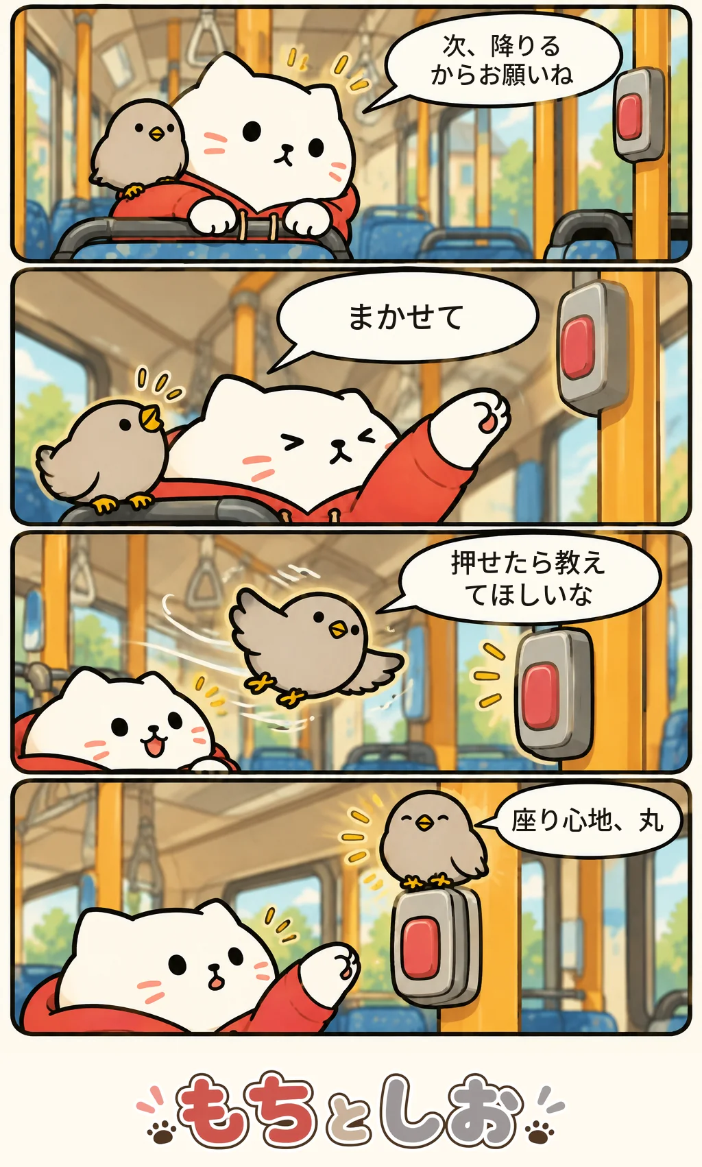 第9話「帰りのボタン」。モチ「次、降りるからお願いね」 シオ「まかせて」 モチ「押せたら教えてほしいな」 シオ「座り心地、丸」