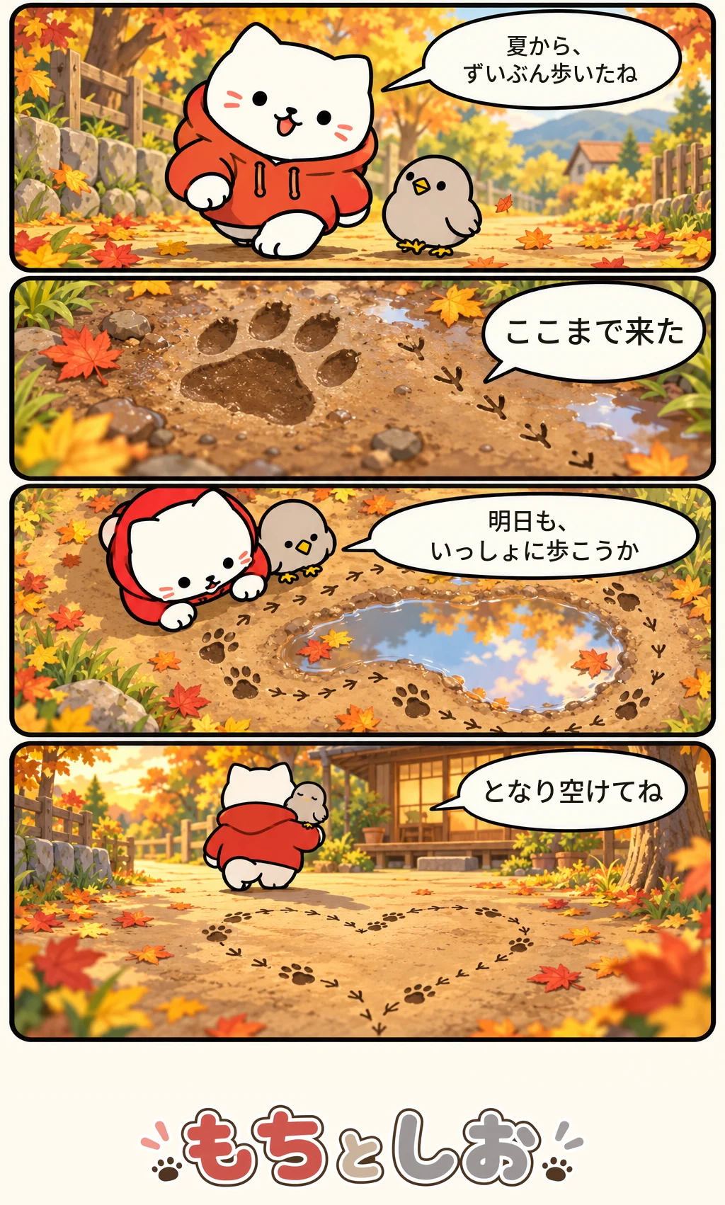 第90話「秋までの足あと」。モチ「夏から、ずいぶん歩いたね」 シオ「ここまで来た」 モチ「明日も、いっしょに歩こうか」 シオ「となり空けてね」